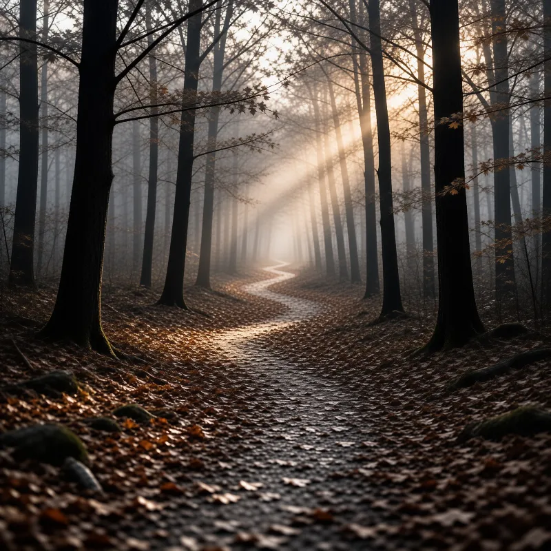 A winding leaf-strewn trail disappears into fog as shafts of low light slant between tall dark tree trunks