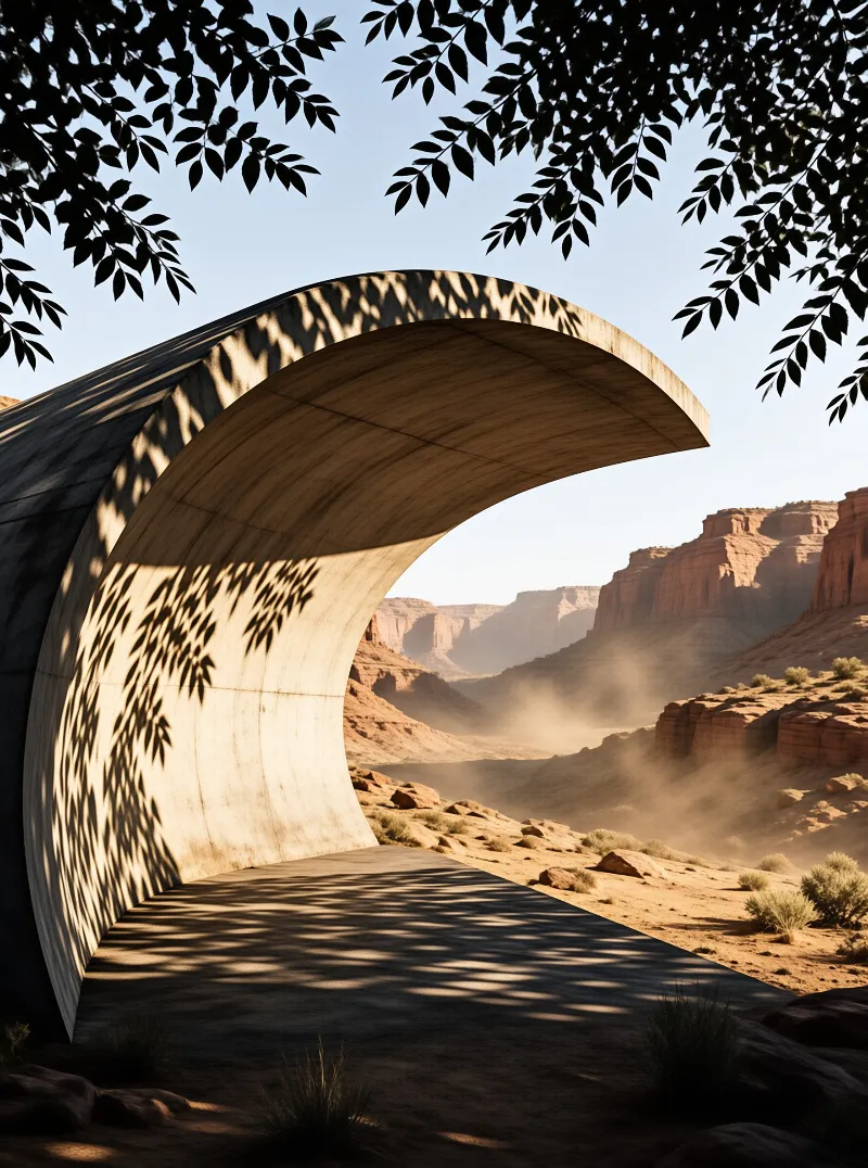 A sweeping concrete structure casts leaf shadows while framing a dusty red rock canyon landscape.