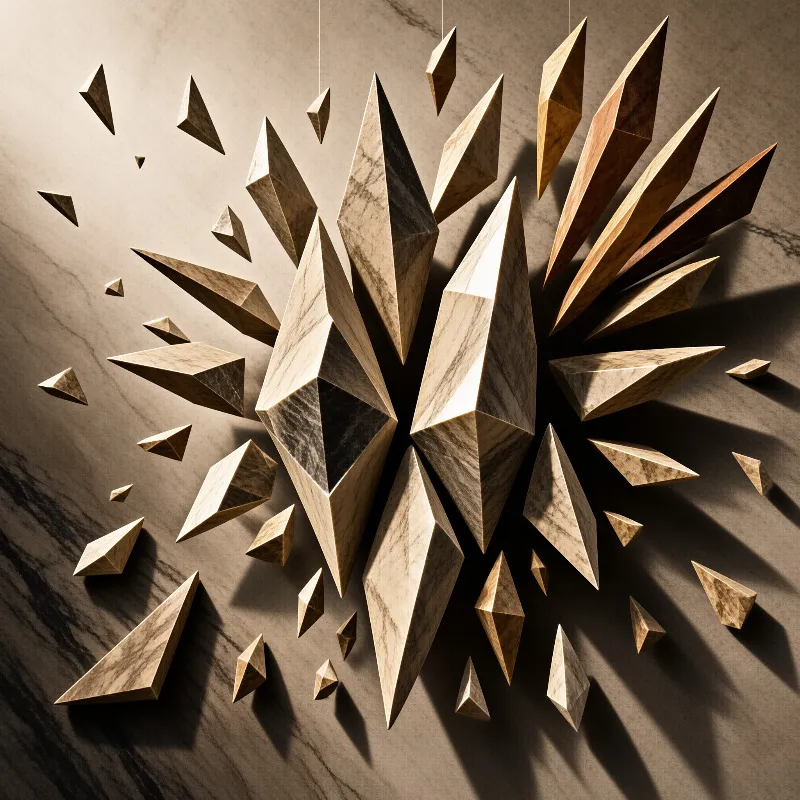 Geometric wooden shards exploding against a grey marble wall casting sharp directional shadows.