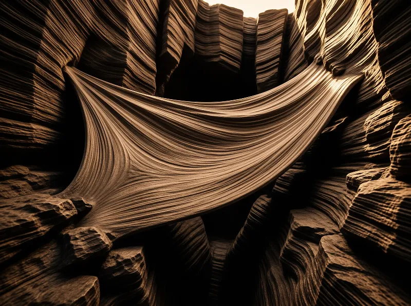 Warm sunlight highlights the textured layers of a massive rock arch suspended inside a narrow canyon passage