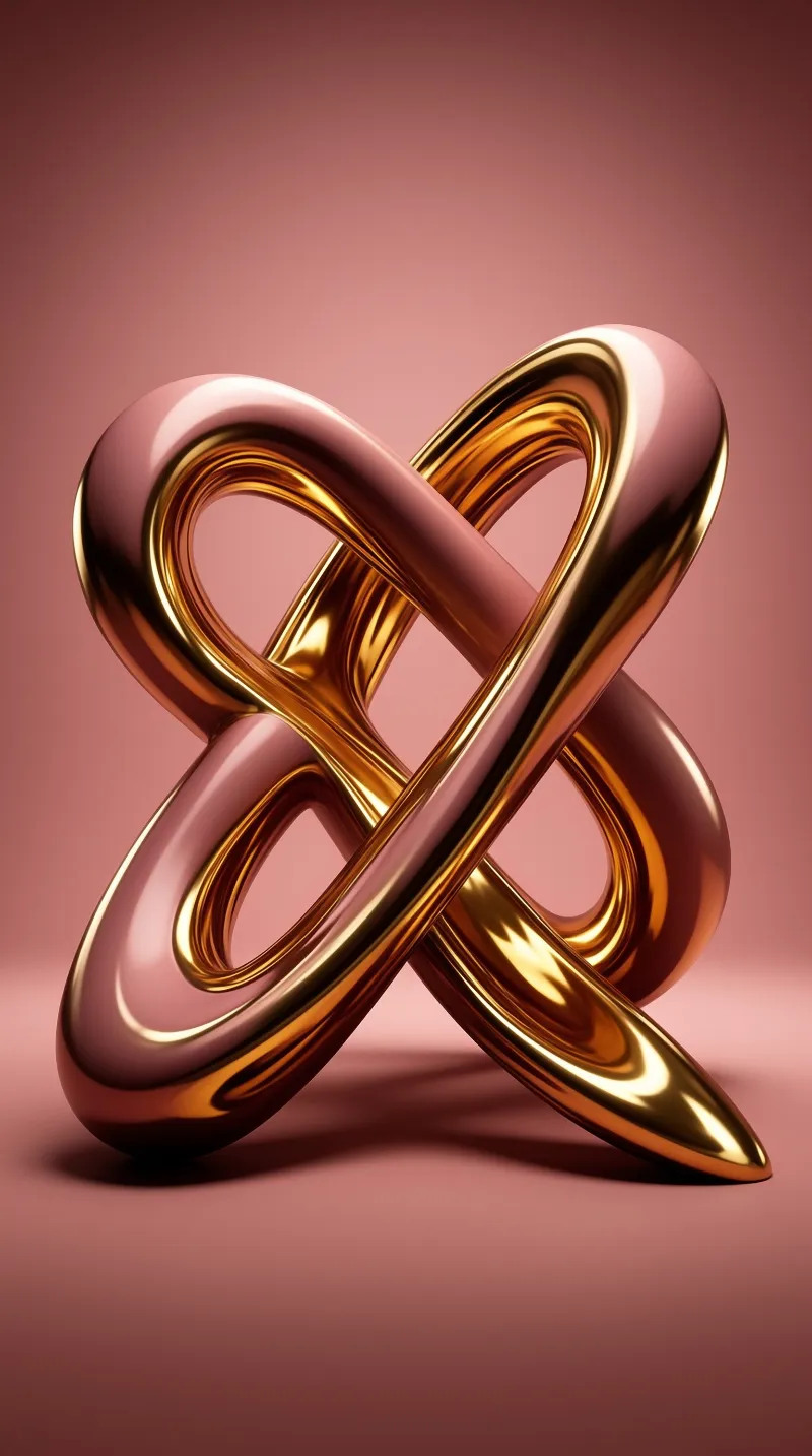 Polished gold tubing twists into a loop shape casting shadows on a flat rose colored surface.