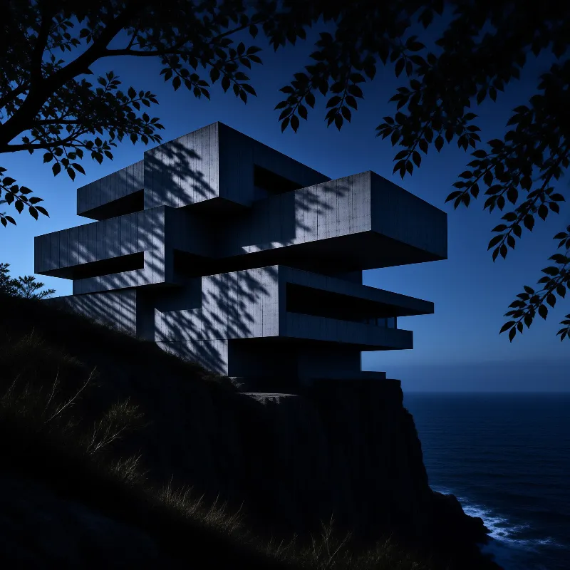 A concrete building stands on a dark cliff overlooking the ocean under a deep blue twilight sky with tree shadows.