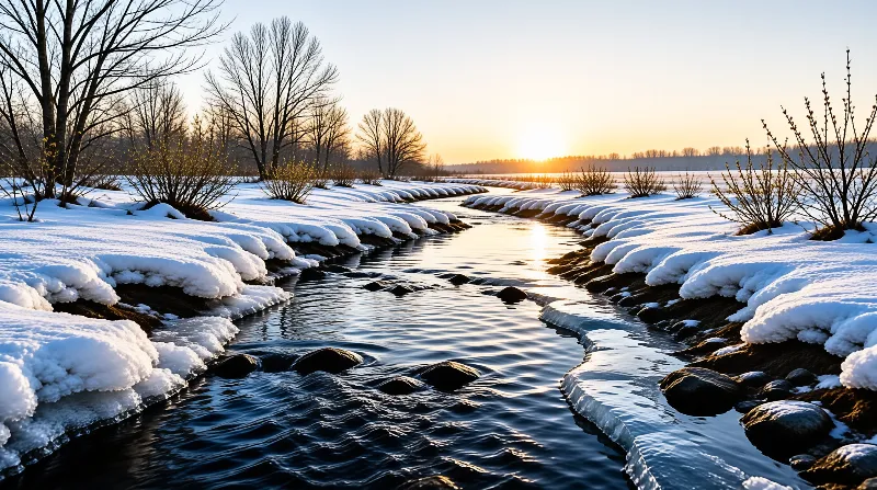 Dark water winds between thick snow banks and bare shrubs as the low winter sun sets over an open meadow.