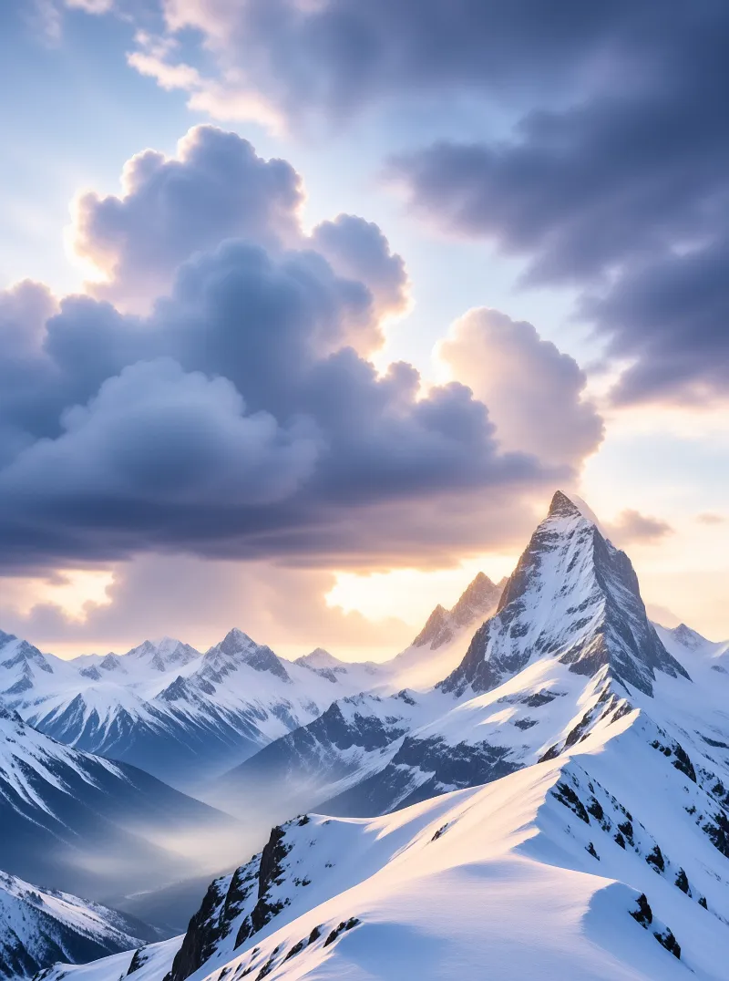 A sharp snow-capped alpine peak rises under warm dawn light filtering through layered clouds, above snow-dusted misty valleys.