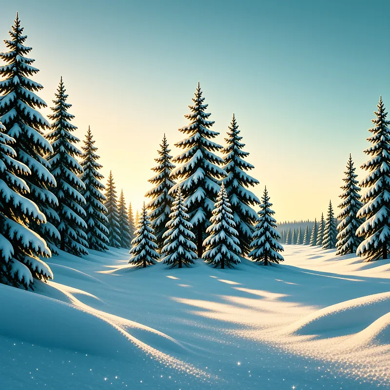 Snow covered evergreen trees stand across a rolling white landscape bathed in warm sunlight and long shadows.