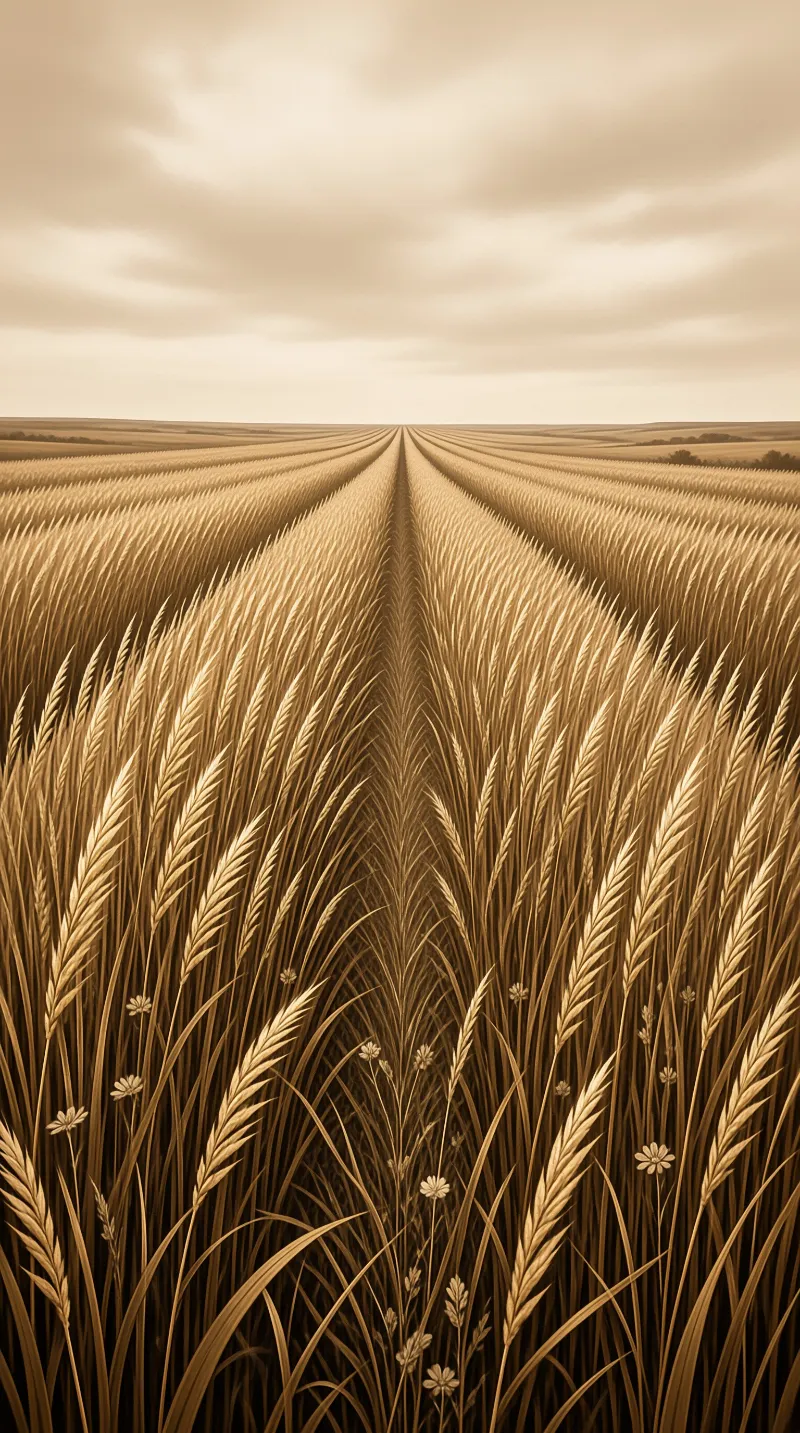 Tall grain stalks and a few wildflowers line parallel furrows that narrow toward a flat horizon under an overcast sky.