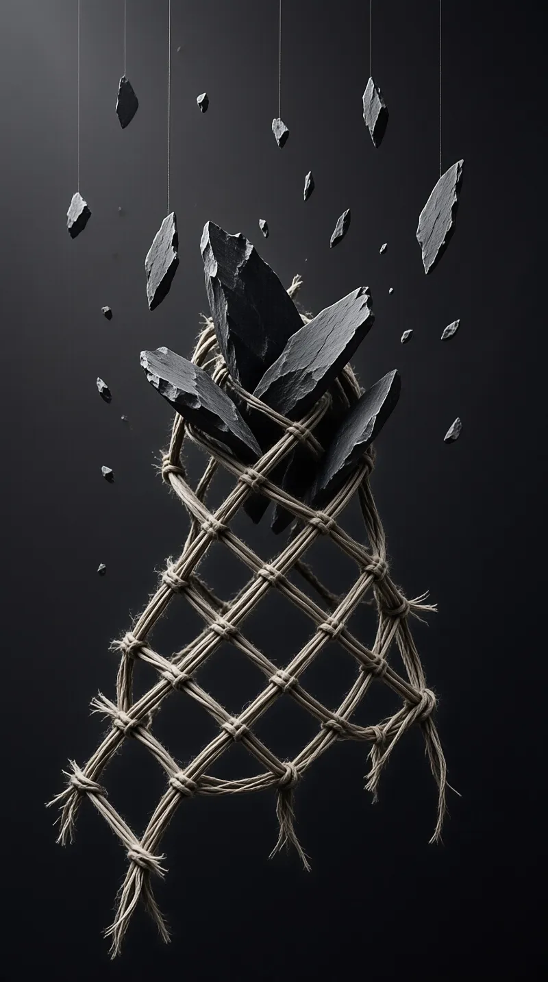 A woven jute lattice net holds dark angular stone fragments suspended by thin threads against a dark monochrome background.