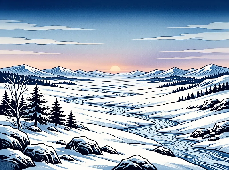 A winding river flows through a snowy winter valley past pine trees and rocks toward distant mountains under a sunset sky.