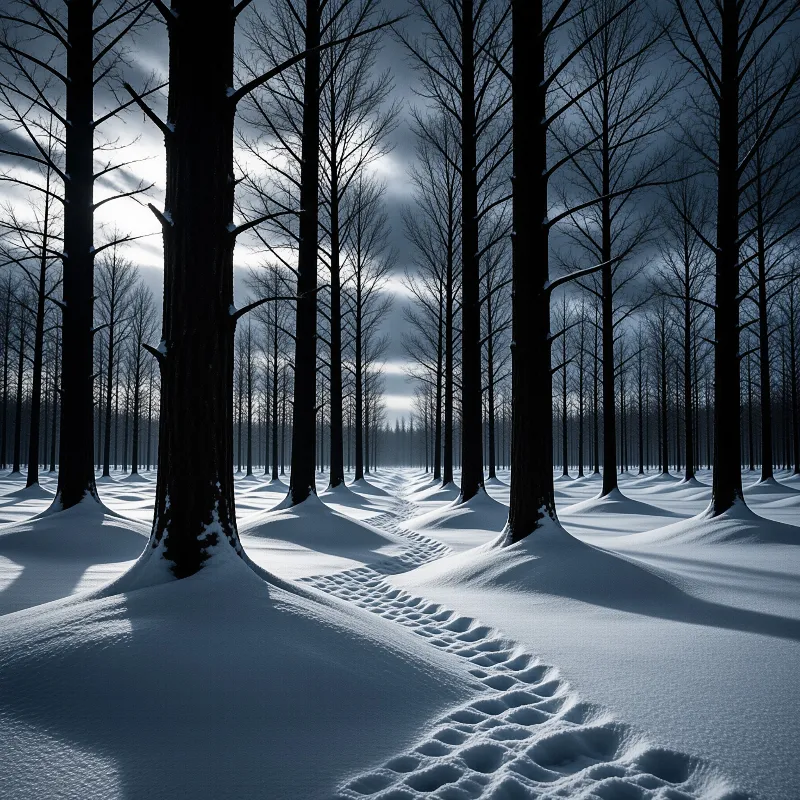 A single trail of footprints winds through a dense snowy forest of tall bare trees under a cloudy sky.