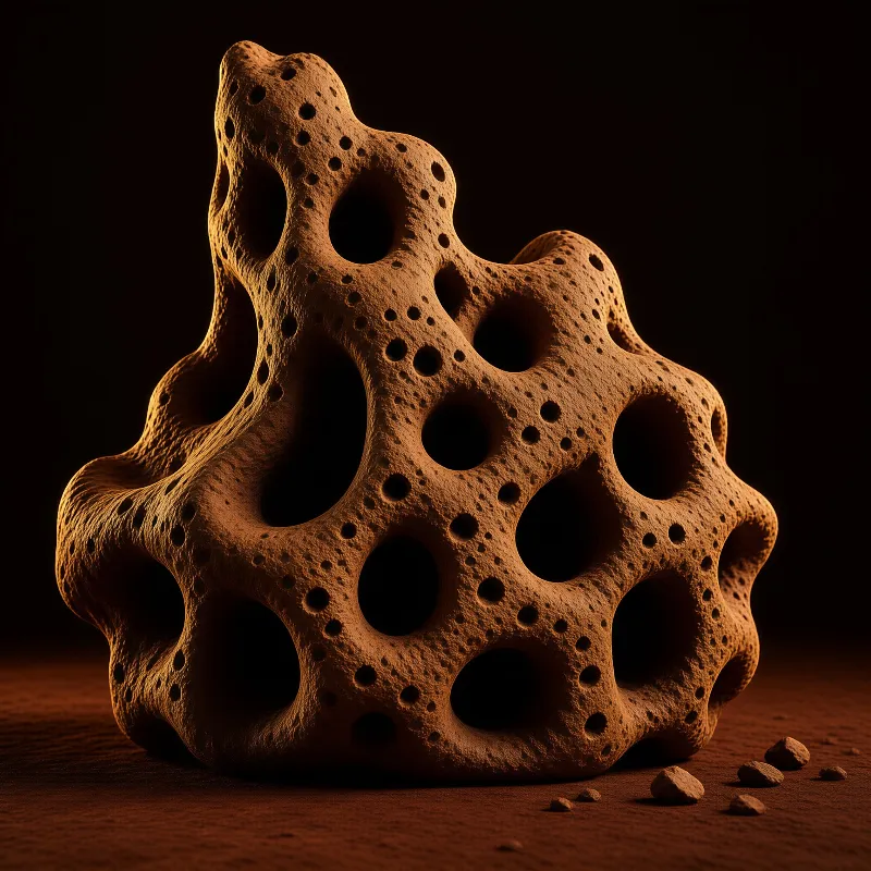 A highly porous reddish-brown rock rests on a sandy surface illuminated by warm directional light.