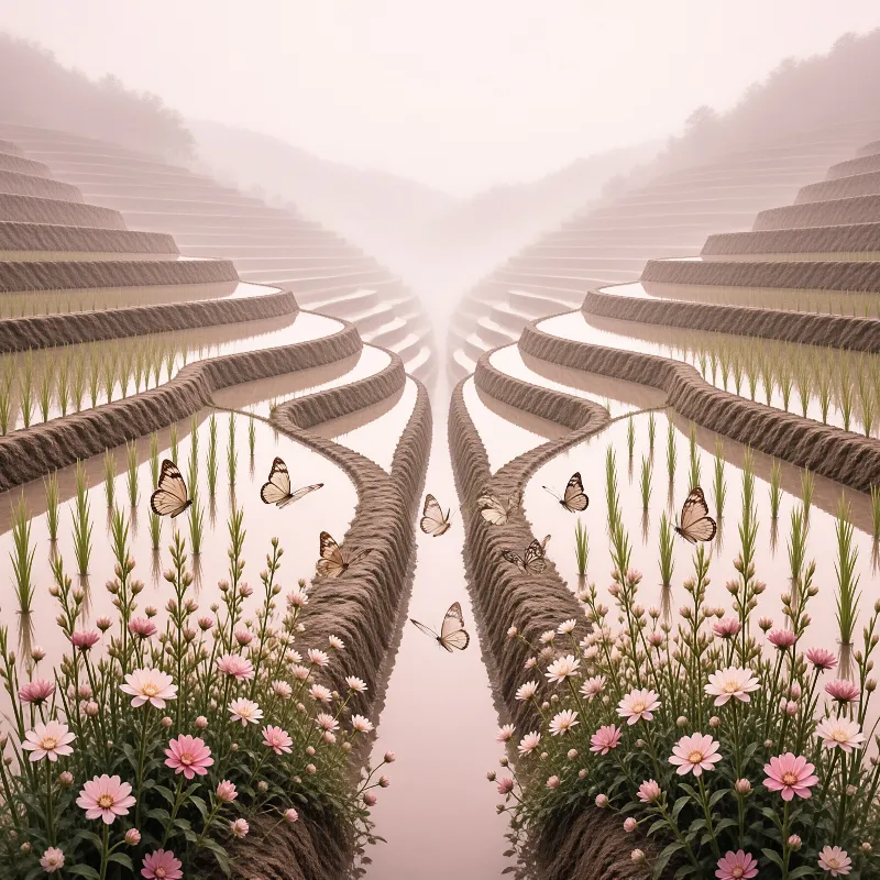 Symmetrical water channels planted with rice shoots and pink blossoms host butterflies flying through a foggy valley.