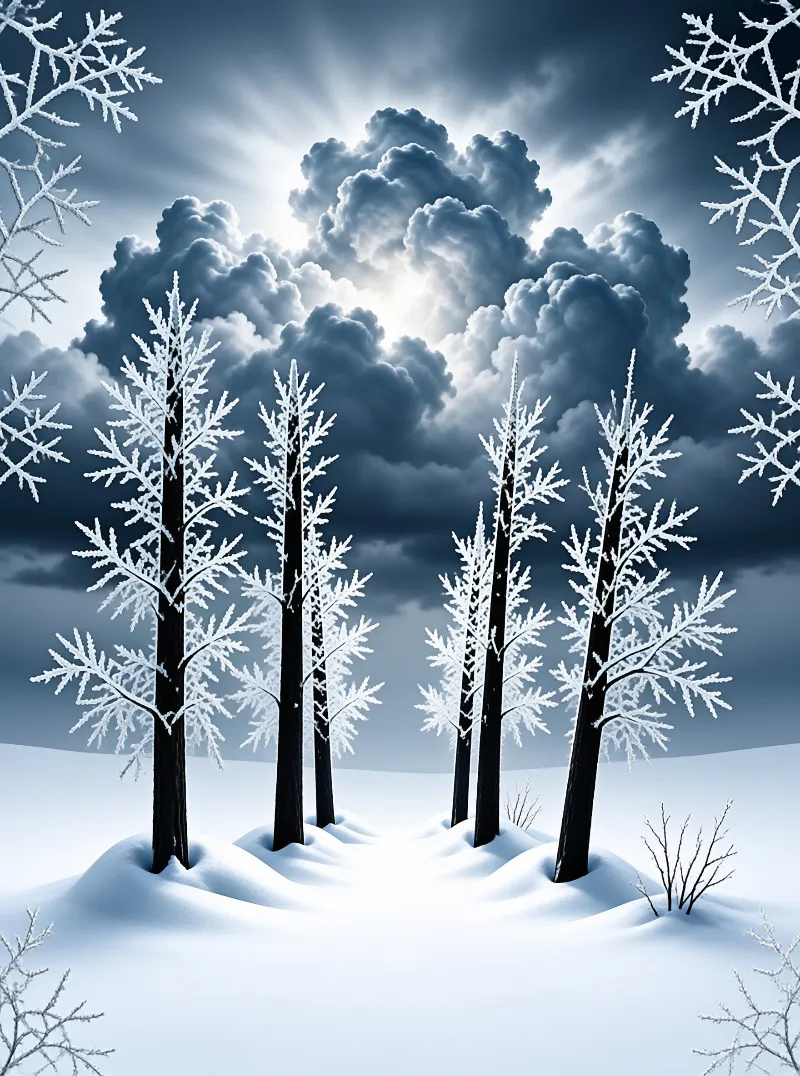 Tall frosted conifers stand on rolling snowdrifts as bright rays break through dark grey billowing cloud cover.