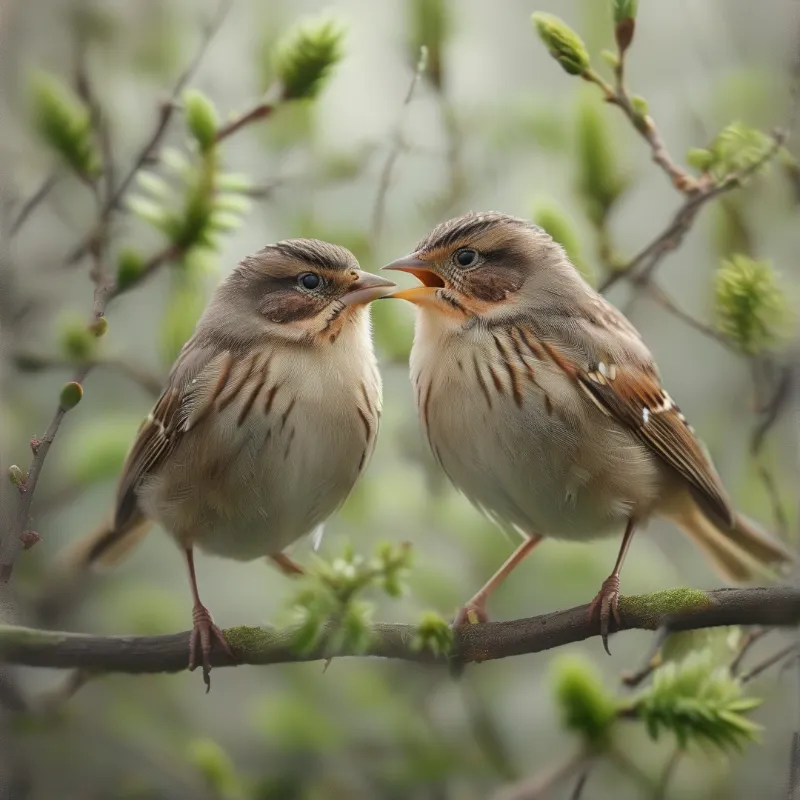 Two small brown birds stand close together on a wooden branch surrounded by blurred green leaves.