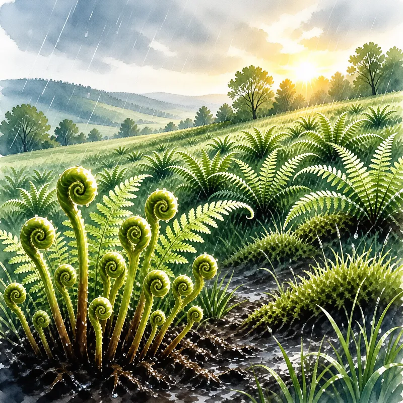 Curling green ferns grow in a grassy field while rain falls and sunlight breaks through the clouds.