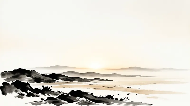 Layered ink painted hills recede into a soft gradient sky while bold black brushstrokes form the foreground terrain