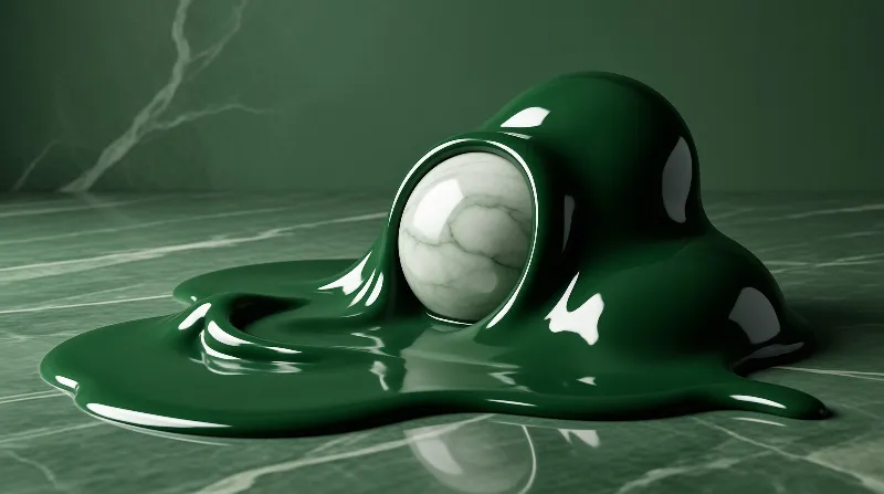 A white veined marble ball sinks into a slow wave of dark emerald gloss pooling on a green stone surface.
