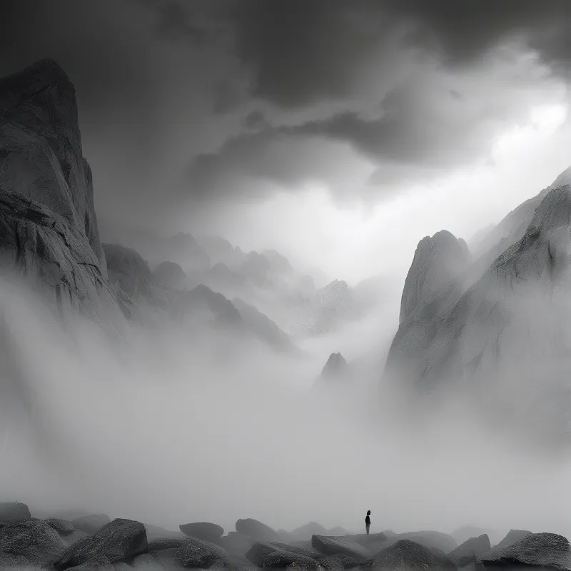 A tiny lone figure stands on rocky terrain amid massive misty mountains with bright light breaking through dramatic clouds.