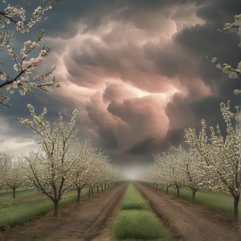 Rows of white flowering trees stretch along a dirt path toward a dramatic sky filled with huge pink and gray storm clouds.