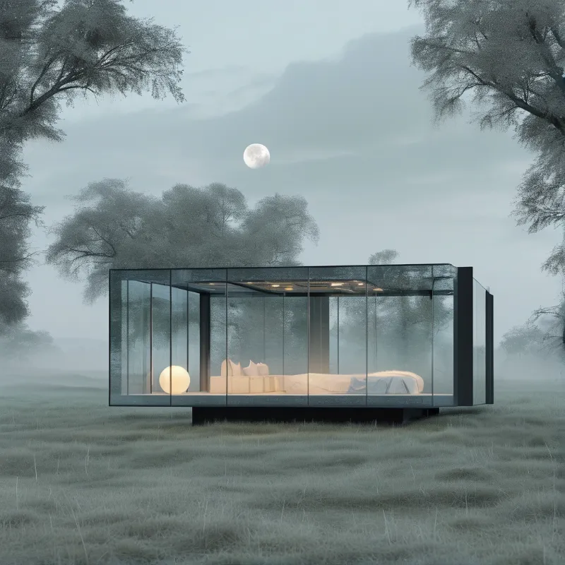 A transparent glass structure rests in a foggy grassland at night revealing a bed inside beneath a full moon.
