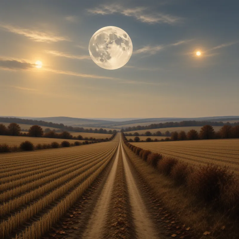 A stubbled grain field and twin dirt tracks run toward distant hills beneath a huge pale moon and low suns.