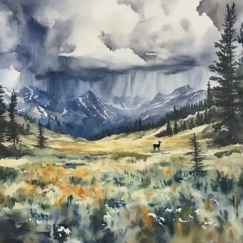 A painted storm pours rain over blue mountains while a lone deer stands in a yellow meadow.