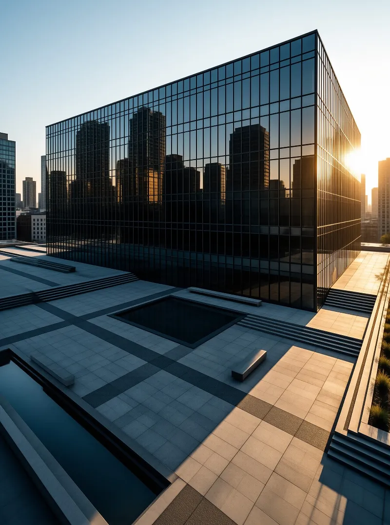 A dark glass building sits on a geometric stone terrace with water features and stairs during warm evening light.
