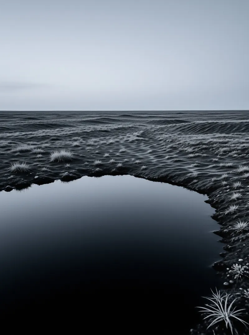 A calm tidal pool mirrors the gray sky above a windswept shore leading to gentle ocean waves under overcast skies.