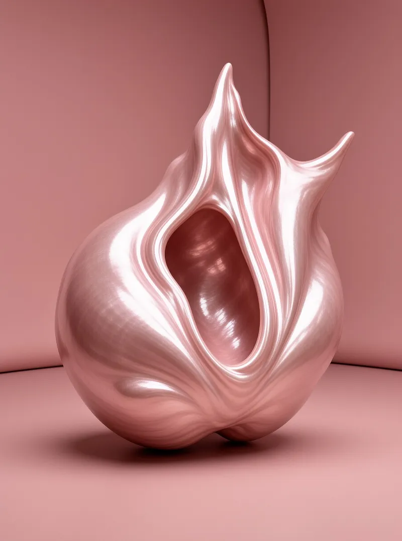 A highly reflective pink liquid-like resin object with a concave open hollow sits on a smooth rose pink surface in a softly lit matching studio.