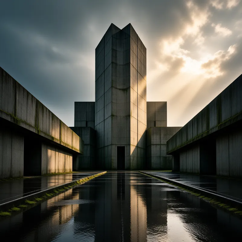An angular concrete structure stands tall behind a wet reflecting pool as sunbeams break through heavy clouds.