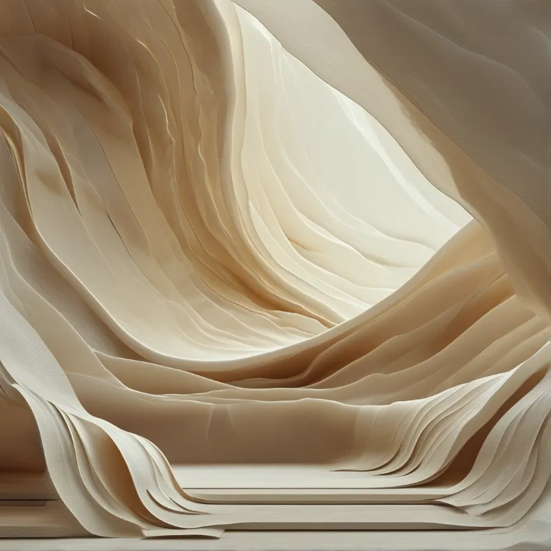 A cream silk cloth forms smooth undulating folds, lit by soft warm light that highlights its fine texture and gentle curving drape.