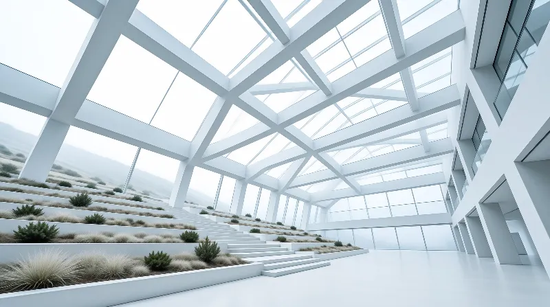 A bright minimalist conservatory interior of white beams and glass roof terraces planted with ornamental grasses.