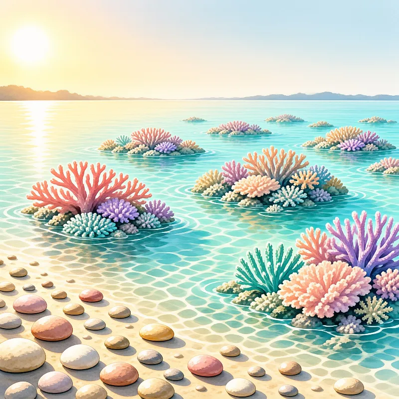 Pastel coral islets dot a calm turquoise lagoon beside a pebbled shore under a bright sun.