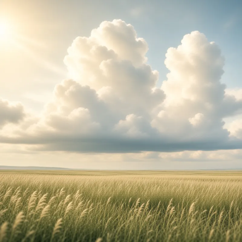 Vast wheat field stretches to horizon beneath towering white clouds illuminated by soft golden sunlight.