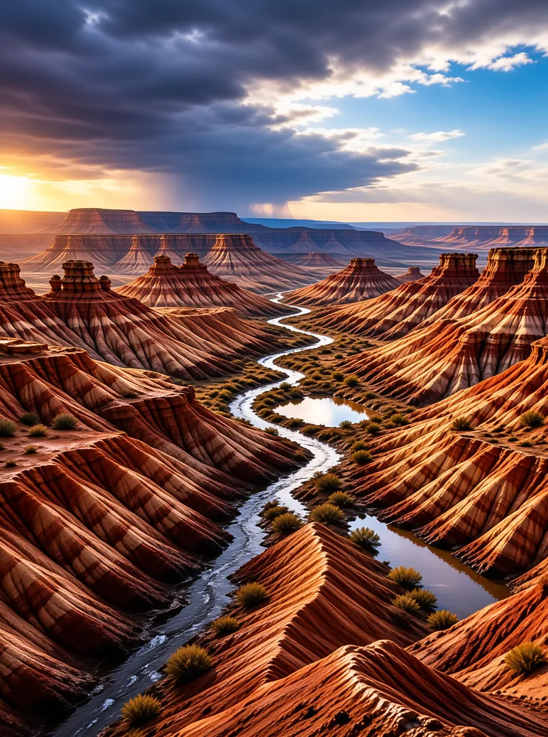 A narrow stream threads between banded clay hills as low sun breaks through heavy cloud over a vast arid plateau