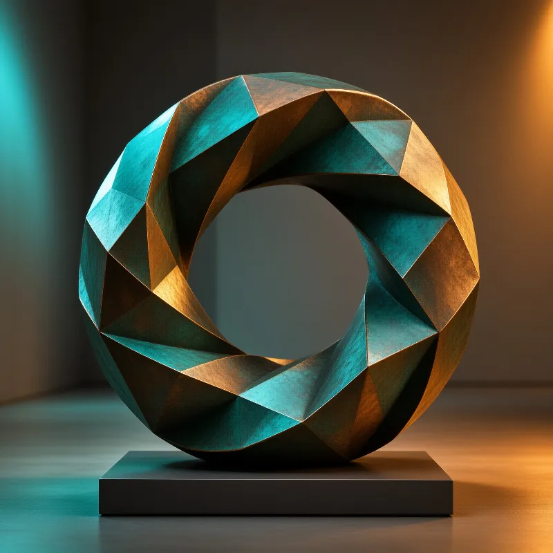 A faceted teal and gold ring sculpture rests on a dark plinth in a dim studio, lit by split cool and warm ambient light.