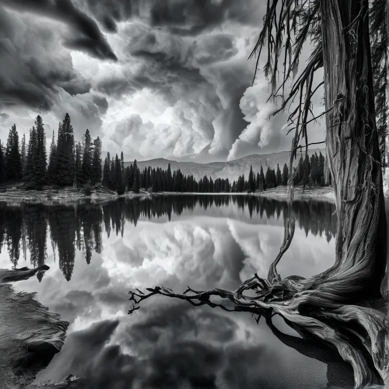 Black and white landscape of a twisted tree reflecting in a still lake with pine forests and clouds
