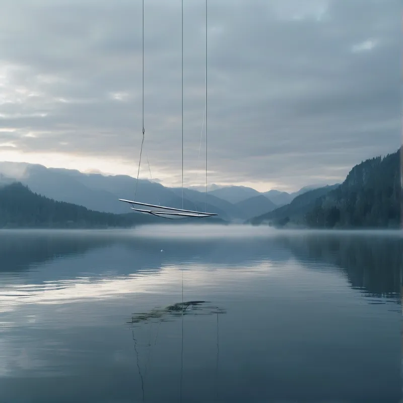 A dark canoe hangs in the air by thin lines above a calm lake surrounded by foggy mountains under a grey sky