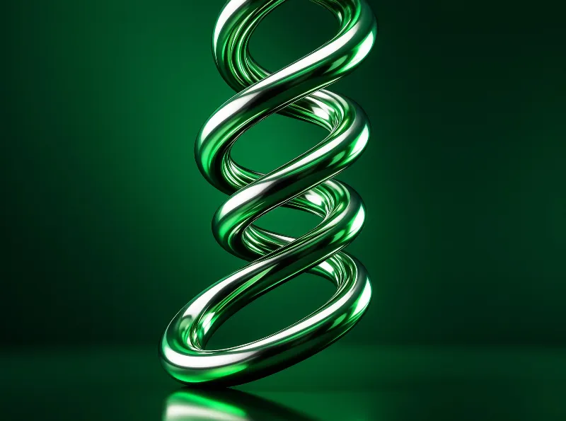 A polished metallic spiral of green chrome coils upward against a deep emerald backdrop with bright highlights.