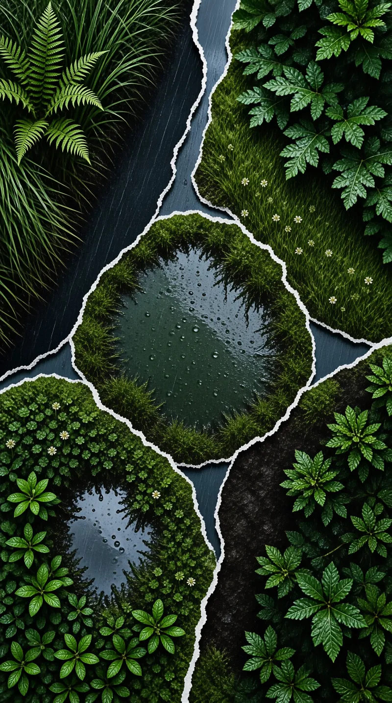 Overhead view of diverse green foliage islands separated by dark rainy channels with serrated white borders.