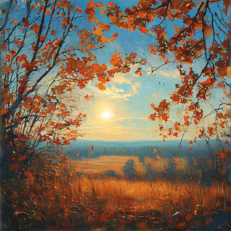 Impasto painting of orange autumn leaves framing a low sun over golden grasslands and distant blue forested hills.