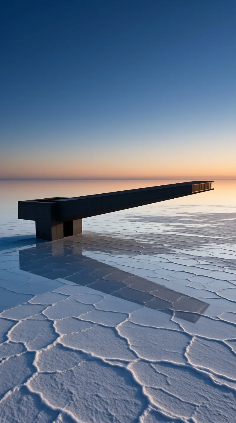 A dark minimalist structure rests on a cracked icy plain beneath a fading sky.