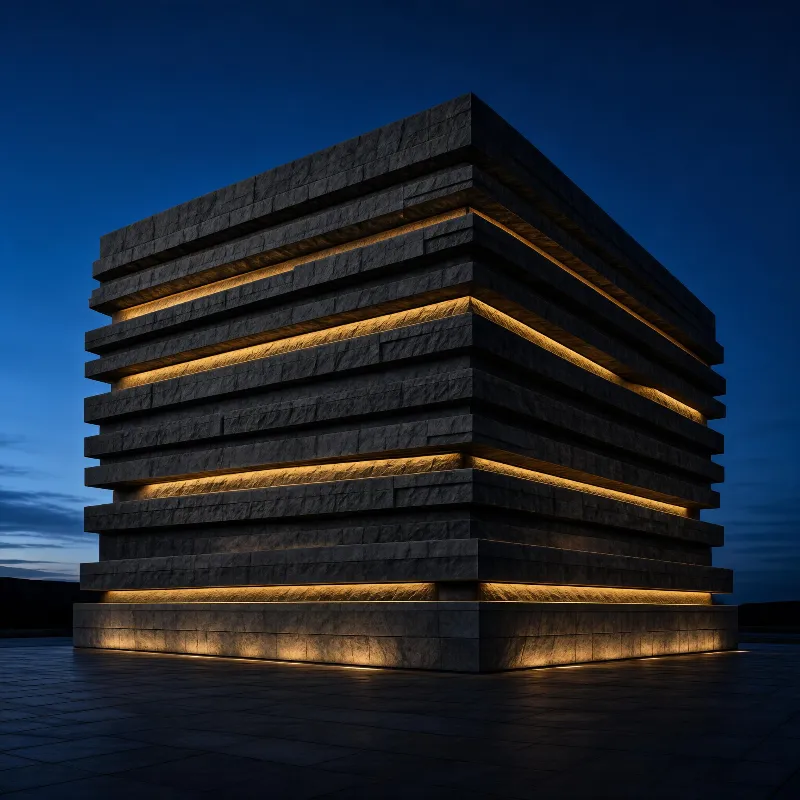 A tall concrete block monument with horizontal illuminated strips, set against a deep blue dusk sky, with warm lights outlining each layer.