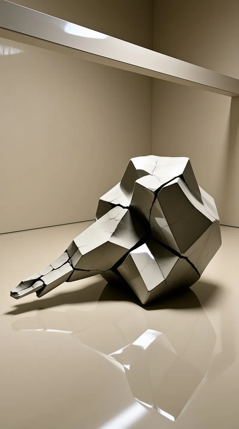A white faceted sculpture resembling a head sits on a reflective beige surface under hard lighting that casts deep shadows.