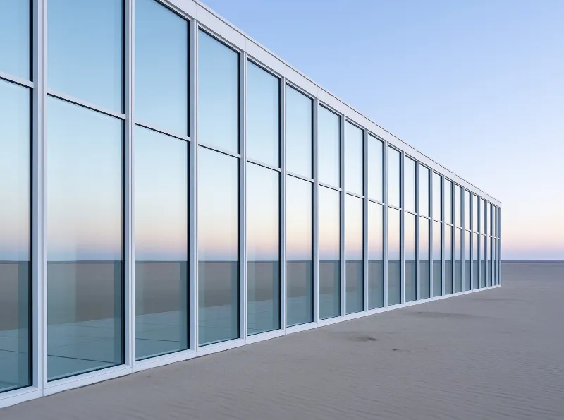 A continuous wall of white framed glass reflects the pastel twilight sky above an expansive sandy landscape.