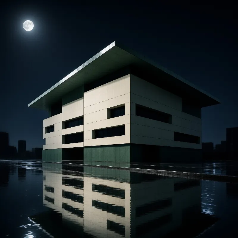 Contemporary architecture with horizontal windows reflected in dark still water under a bright moon
