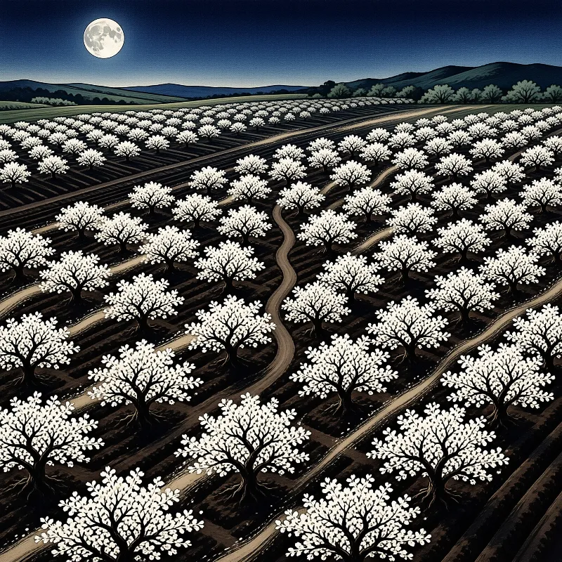 A stylized nighttime landscape of blossoming trees planted in neat rows beneath a bright harvest moon