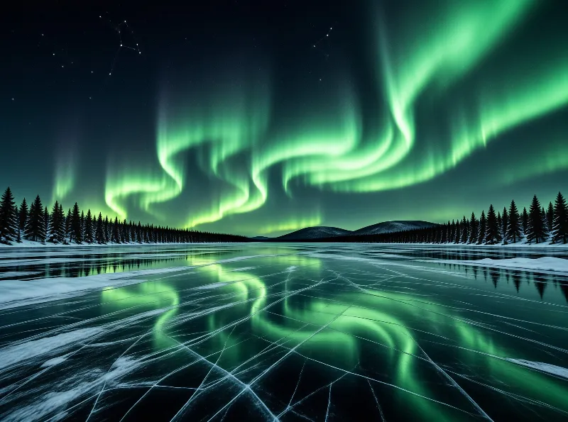 Green northern lights ripple above a frozen lake whose cracked ice mirrors the glowing sky and stars.
