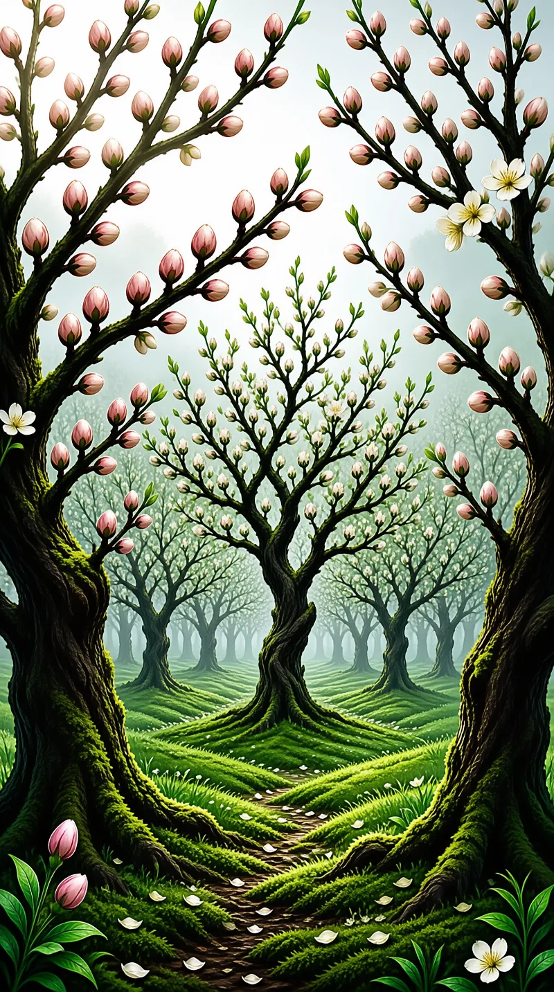 A mossy forest path winds through cherry blossom trees with pink buds and white blooms under soft light