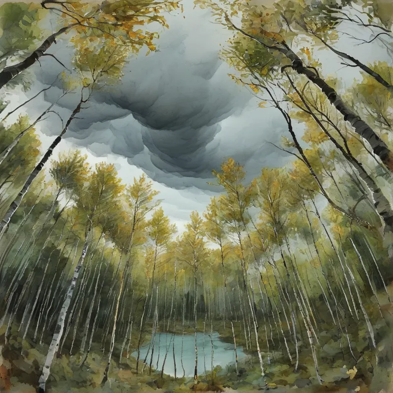 Tall white birch trees frame a small blue lake beneath a heavy dark swirling cloud formation in the sky.