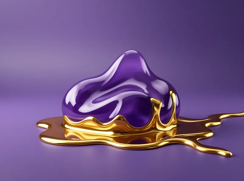 A glossy violet mass emerges from a spread of liquid gold against a matching purple backdrop.